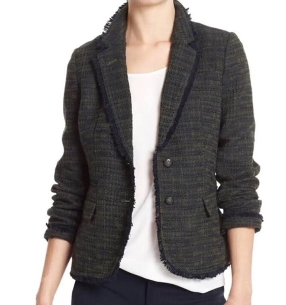 Banana Republic Boucle Raw Edge Academy Blazer Size 12 Green Navy Tweed Fringe